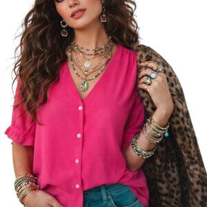 J. Crew Pink Ruffle Short Sleeve Button Front Blouse